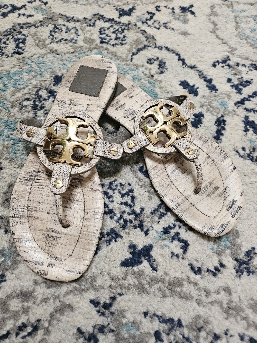 Tory Burch Beige Snake-Print Thong Sandals with Gold Logo